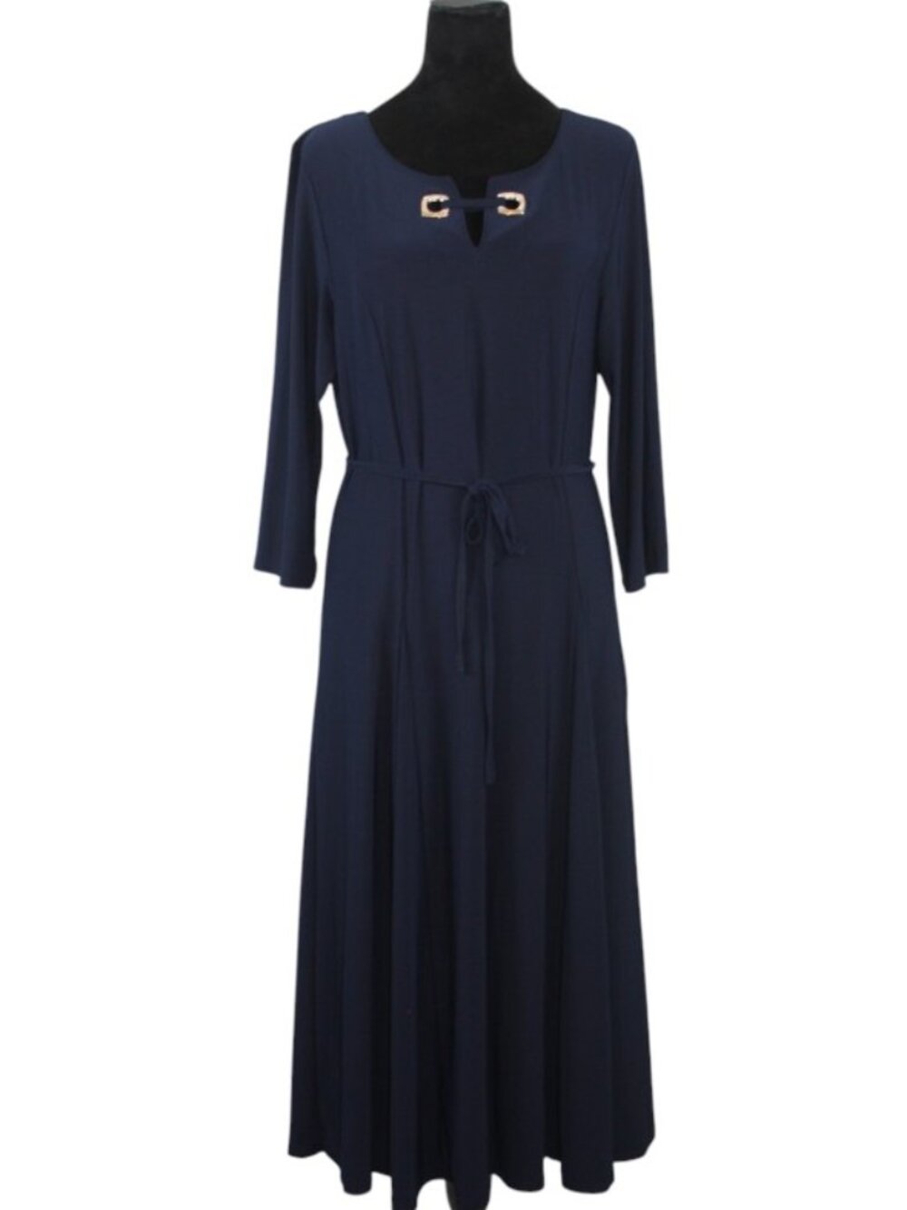 NWT Nina Leonard Women's Navy Long Sleeve Midi Dress with Gold Accent Size Large - Picture 2 of 9